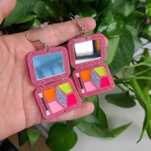 Glitter Makeup Eyeshadow Palette and Real Mirror Barbie Acrylic Dangle Earrings